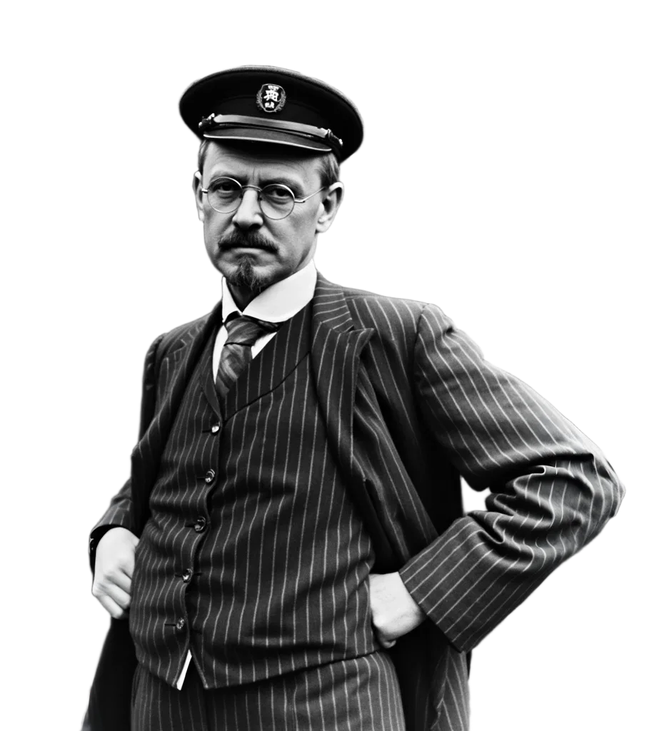 Schwarz-weißes Porträt von August Horch in Anzug und Mütze, mit einem ernsten Gesichtsausdruck.
