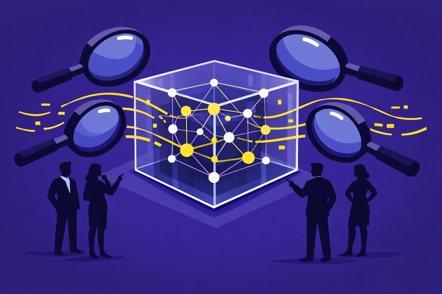 Transparenz von KI-Systemen: Geschäftsleute prüfen Datenströme und Informationsquellen