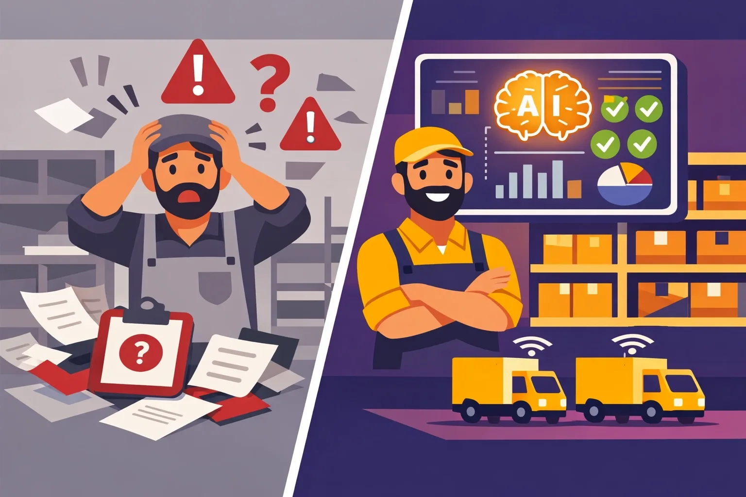 Vergleich: Chaotische Materialplanung vs. intelligente KI-Optimierung im Handwerk