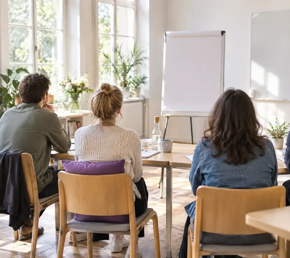 Drei Personen sitzen von hinten gesehen an Holztischen in einem hellen Raum mit Pflanzen und blicken auf ein leeres Flipchart